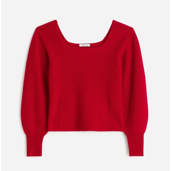 Madewell Soft Wool-Blend Square-Neck Pullover Sweater WMNS S Red Blouson Sleeve - Picture 2 of 8